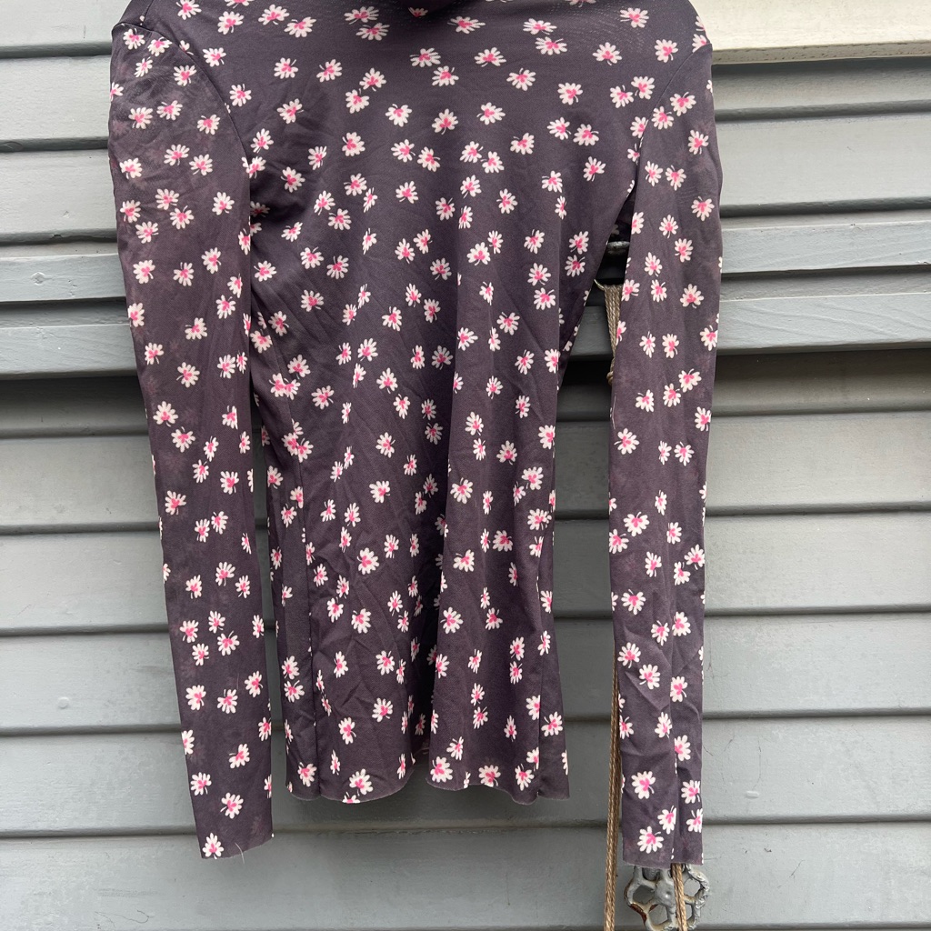 Ganni Dark Gray Top With Pink Floral Design